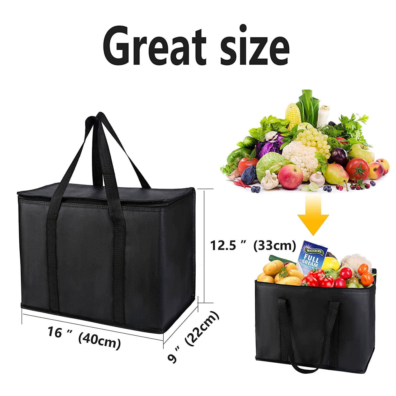 XXL-Larger Insulated Cooler Bags with Zipper Closure,Reusable Grocery  Shopping Bags Keep Food Hot or Cold,Collapsible lunch bag,Grocery  Transport,23W