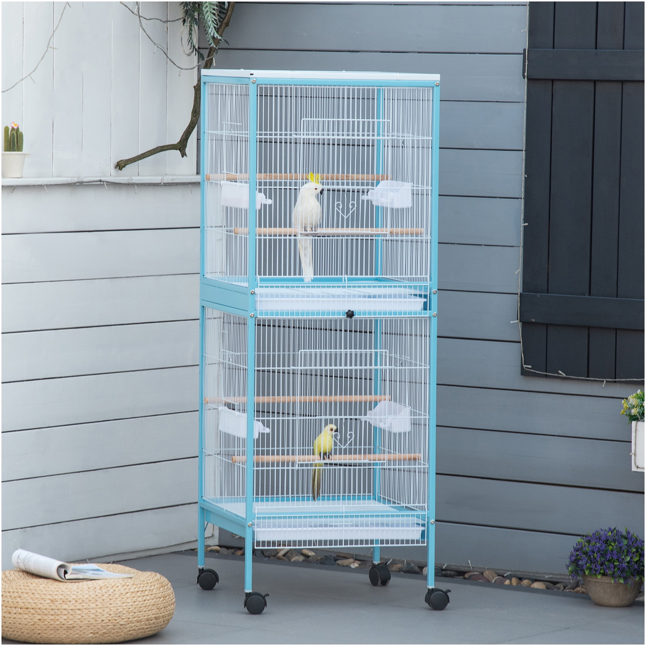 JERFIT 55" Light Blue Large Bird Cage for Conures, Finches & Canaries, Wide 20.5" Flight Aviary with 4 Doors, Wheels & Removable Tray