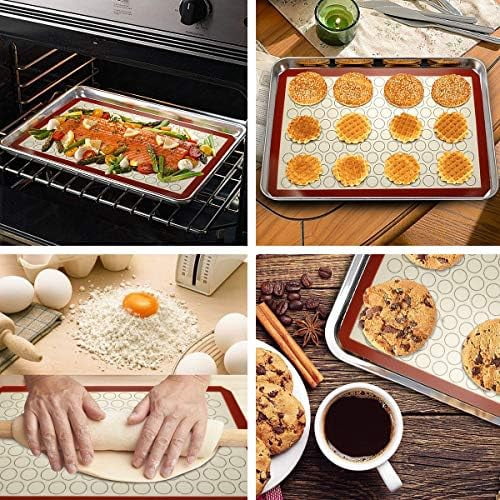 Baking Sheet with Silicone Mat Set, Set of 4 (2 Sheets + 2 Mats),  Stainless Steel Cookie Sheet Baking Pan with Silicone Mat, Size 9 x 7 x 1 inch, Non Toxic & Heavy Duty & Easy Clean