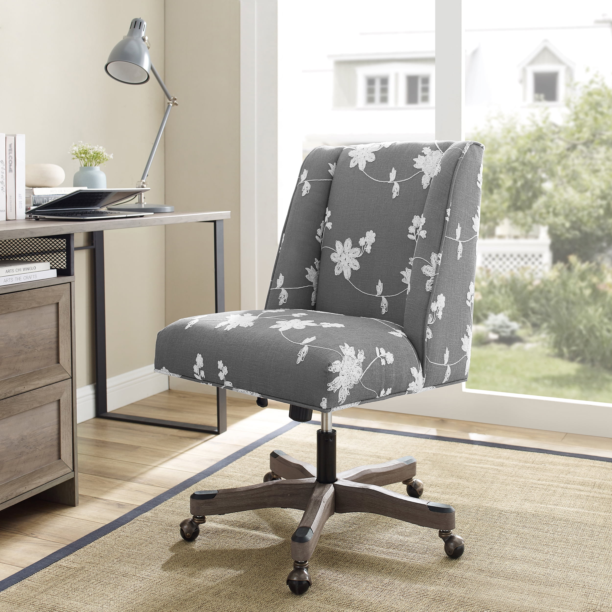 Furniliving Modern Padded Office Chair Linen Fabric Home Office Desk Chair  Height Adjustable Computer Task Chair, DarkGrey