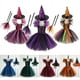 thumbnail image 2 of Disfraz de bruja de Halloween para niños y niñas, tutú de bruja, vestido hasta la rodilla con sombrero, escoba, vestido de carnaval, ropa de malla, 2 of 5