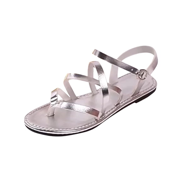 Hopeusnice Sandals for Women Flat Heel Breathable Soft Open Toe Non-Slip Women's Sandals Trendy PU Materials Summer Shoes for Beach Buckle Vacation Shoes Silver 42