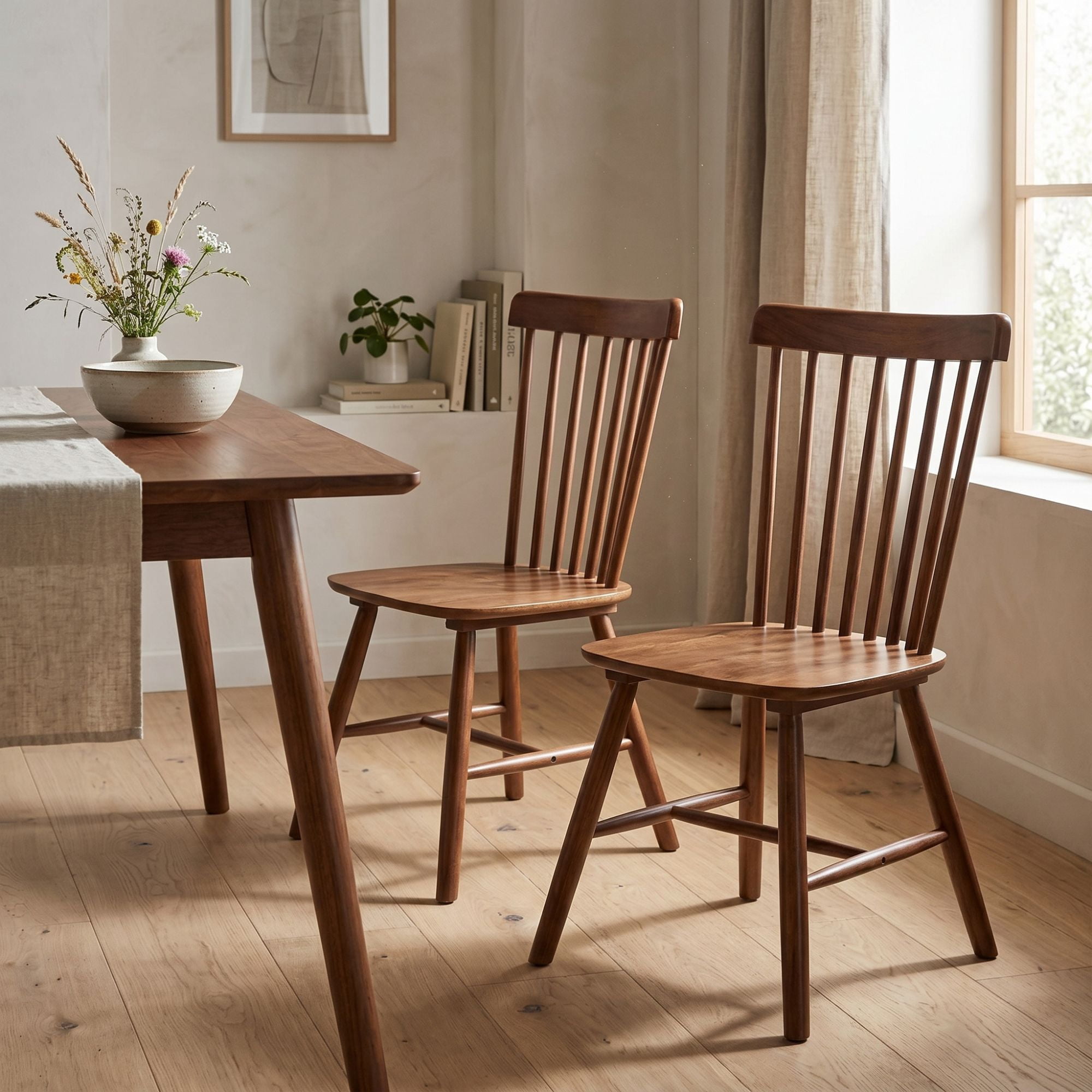 Dayalane Farmhouse Windsor Dining Chairs Set of 2, Solid Wood Spindle Back Dining Side Chairs, Mid-Century French Country Oak Kitchen Chairs for Dining Room Living Room Kitchen Restaurant, Walnut