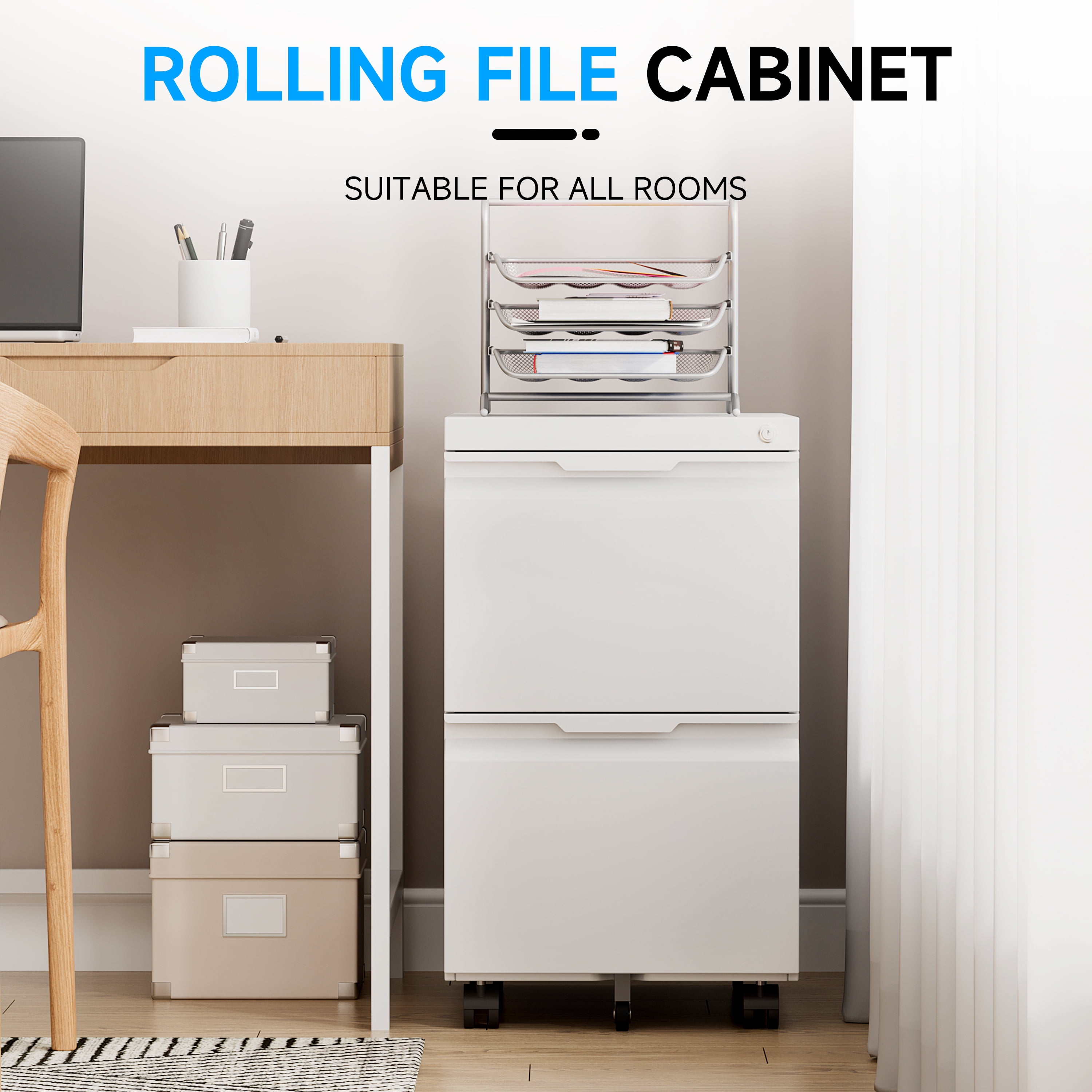 2 Drawer Mobile File Cabinet, File Cabinet on Wheels with Lock for Letter/Legal/A4 File, Metal Rolling File Cabinets for Home Office (White)