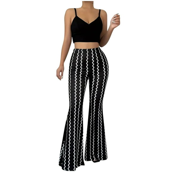 CaiJunJia Women's Striped High Waist Casual Flare Bell Bottom Stretch Long Pants