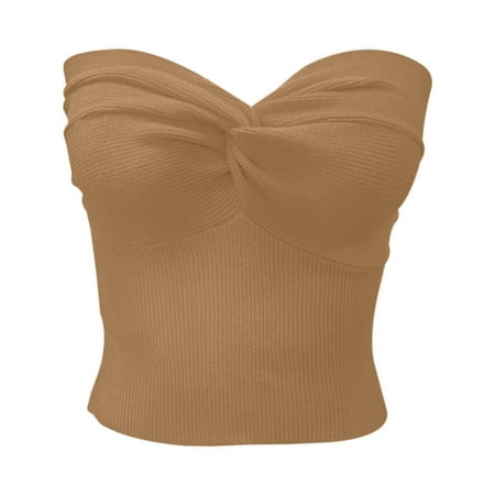DVKOVI Women s Summer Blouses Elegant Strapless Solid Color Knit Top for Women Stretchable Tube Bandeau Bra Crop Tops for Casual Party Wear Khaki 3XL