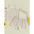 thumbnail image 2 of Infant Baby Girls 3 Piece Outfits Summer Plaid Print Camisole Tops Elastic Shorts Cute Headband Set, 2 of 8