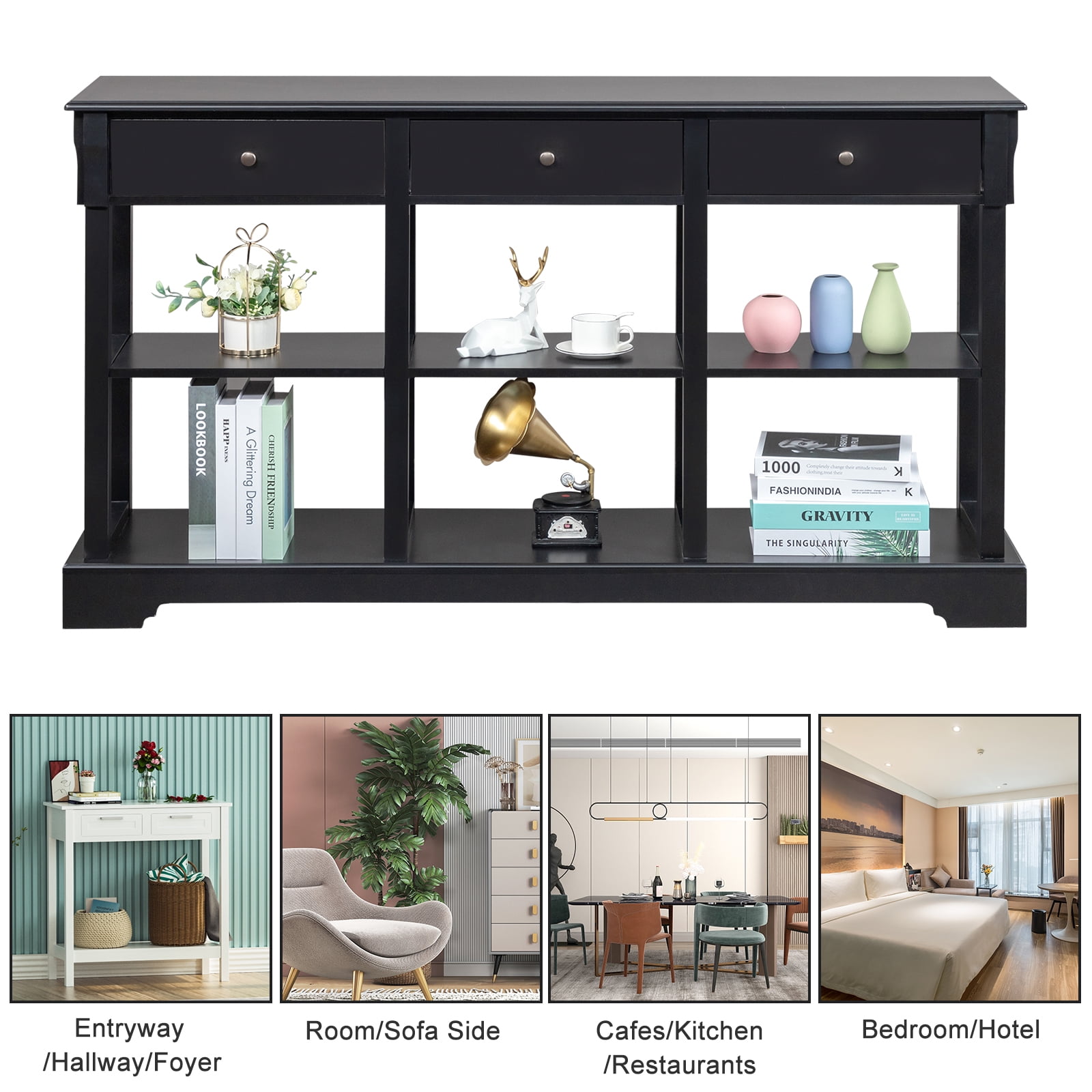 Ktaxon Modern Console Table with 3 Drawers and 3 Storage Shelves, 58" Sofa Table Narrow Long Entryway Table for Living Room