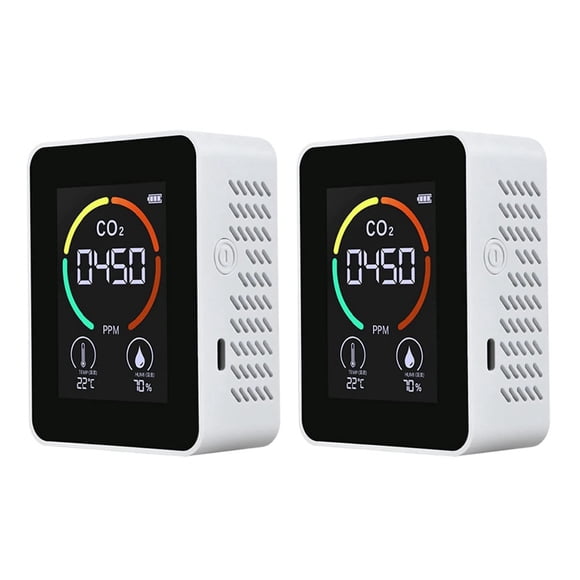 2X Temperature & Humidity Meter, Air Quality Monitor, CO2 Detector, 3-In-1 Digital Air Pollution Carbon Dioxide Detector,2 x Air Quality Analyzer 2 x USB Cable 2 x User Manual,White