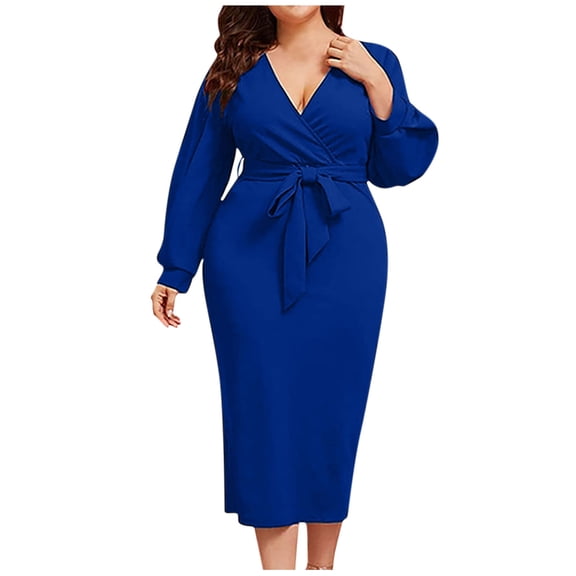 Dresses for Women 2023 Plus Size Long Sleeve Solid Color Dress V-Neck Ruffle Maxi Loose Fit Daily Casual Elegant Party Club Holiday Vacation Homecoming Wrap Hip Bandage Ruched Dress