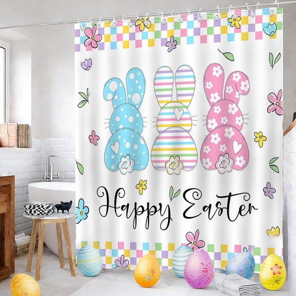 Hometravel Easter Themed Bathroom Shower Curtain, Fabric Linen Curtain with 12 Hooks, No Drill Easy Installation Curtain for Bathroom, Holiday Decor for Tub and Shower Area