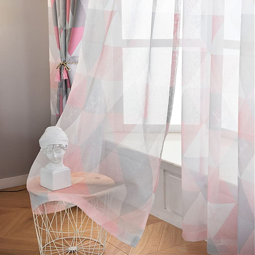 Pink Grey Sheer Curtain Rod Pocket Voile Panel Geometry Triangle ...