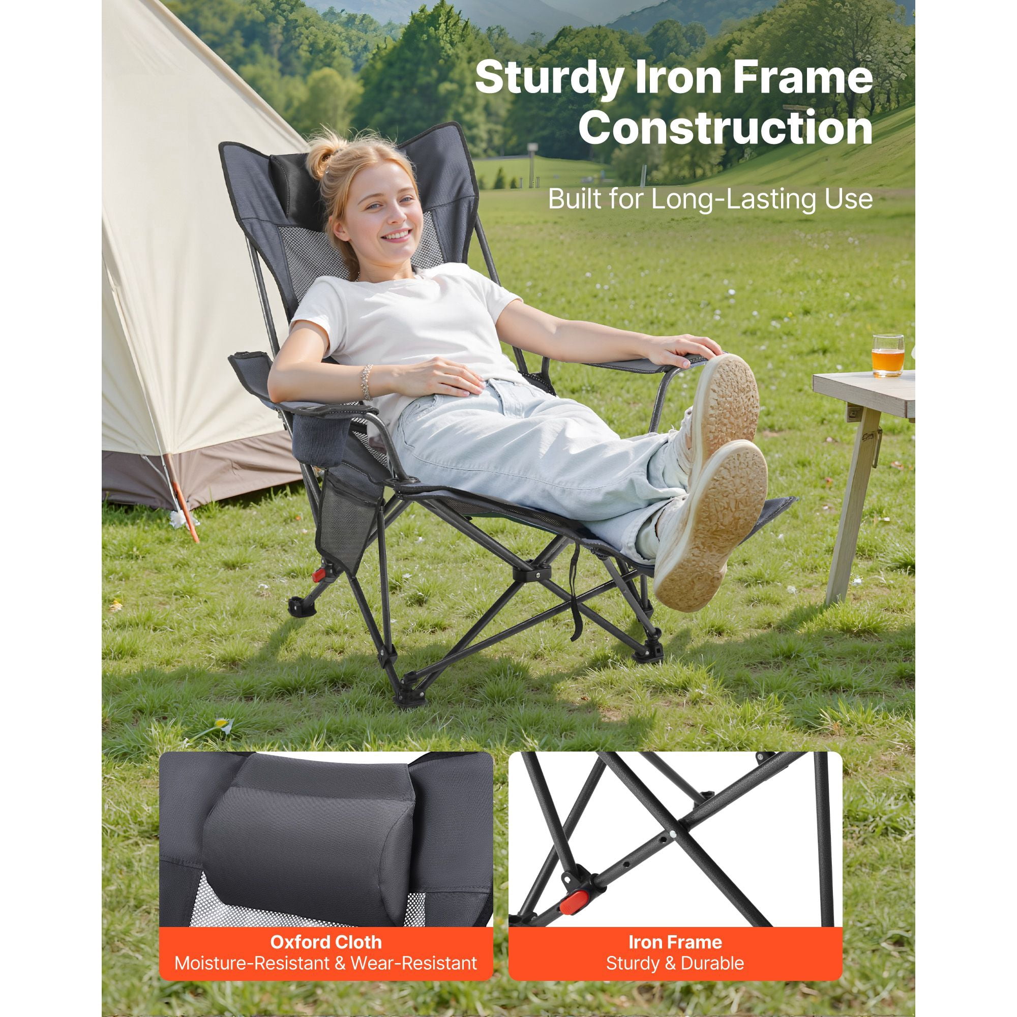 Foldable Reclining Lounge Chair 4-Position Adjustable, 220 lbs Capacity, Detachable Footrest, Cup Holder, for Camping Beach Patio