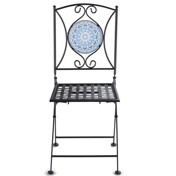 Metal Folding Patio Chair with Decorative Tile Mosaic Black