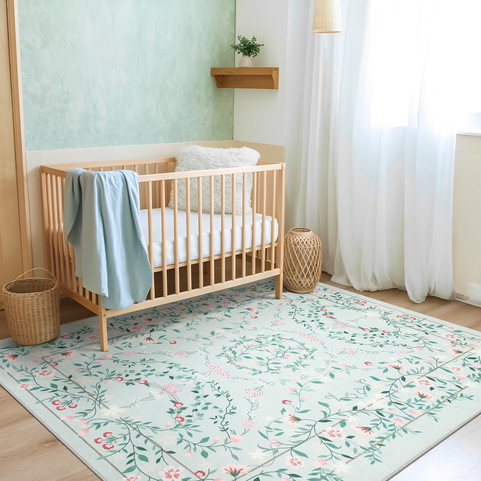 8x10 Area Rug Living Room Rugs - Washable Vintage Floral Soft Thin Large Rug Indoor Floor No Slip Rug Carpet for Bedroom Under Dining Table Home Office Decor - Green