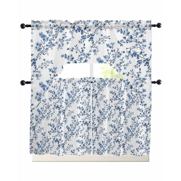 Navy Blue Spring Floral Swag Kitchen Curtains Sets for Windows 24 Inch Length, Elegant Pastoral Flowers Short Window Curtain Panels Swags Valances and Tiers 3 Piece Set for Cafe/Dining Room