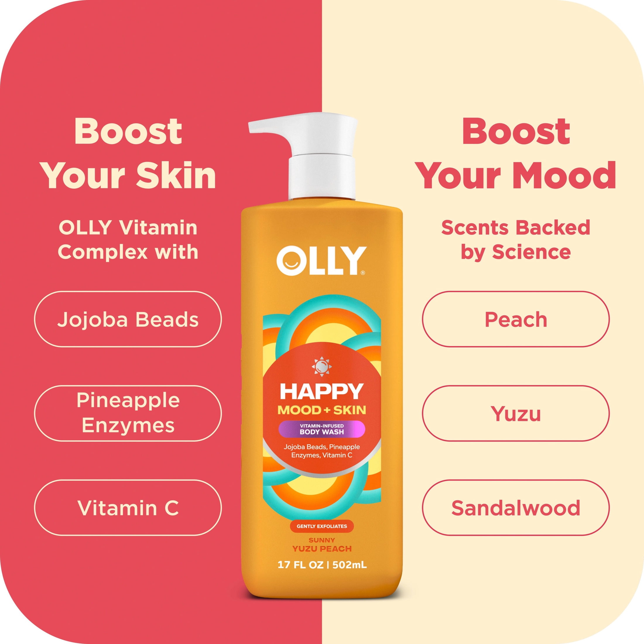 OLLY Exfoliating Body Wash jojoba beads, pineapple enzymes & vitamin C Happy Mood + Skin to exfoliate and reveal softer, glowing skin, 17 fl oz