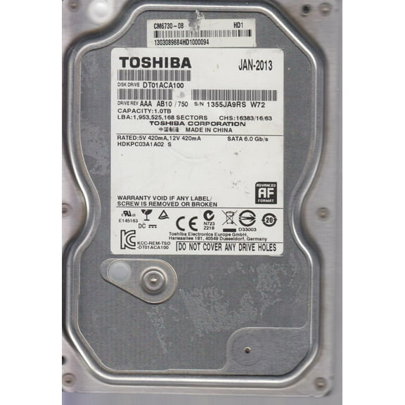 DT01ACA100, AB10/750, HDKPC03A1A02 S, Toshiba 1TB SATA 3.5 Hard Drive