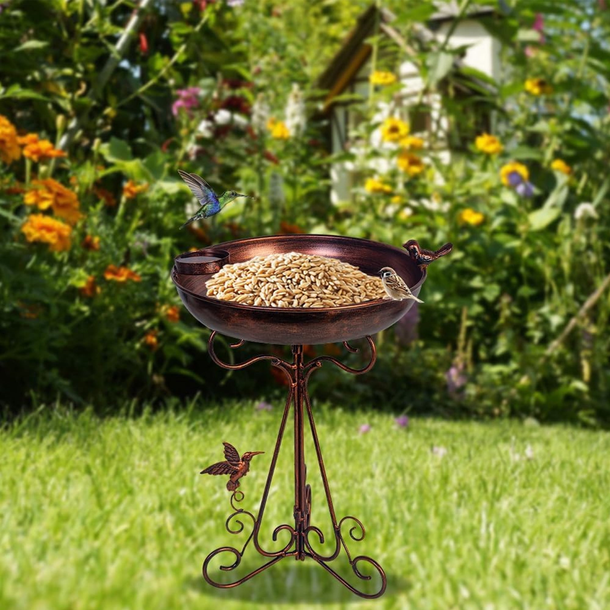 Bird Bath with Metal Pedestal, Dia Antique Copper Outdoor Birdbath with Bird Feeder for Garden Outside Patio Yard Decor