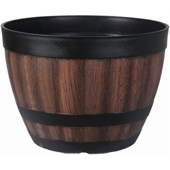 Whiskey Barrel Planters 9 Inches, Wooden Finish Flower Pot, Weather Resistant Resin Garden Pots for Indoor Outdoor Decor