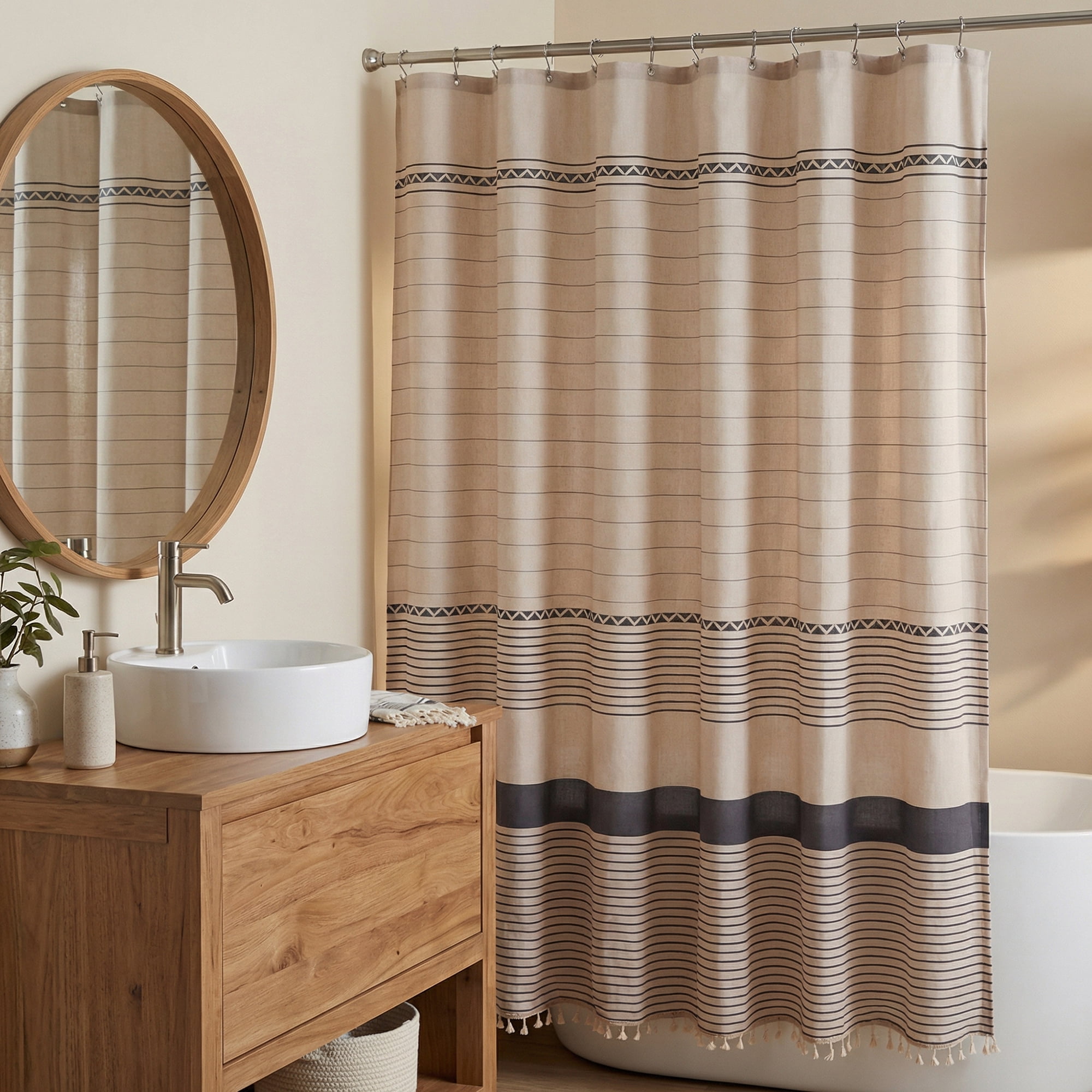 Unique Bargains Boho Striped Shower Curtain Set with Tassels and 12 Hooks Grey 71"W x 71"L