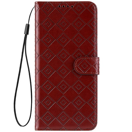 Hpory Xiaomi Redmi Note 10 5G Brown Large and Small Plaid Embossed Leather Case with Lanyard