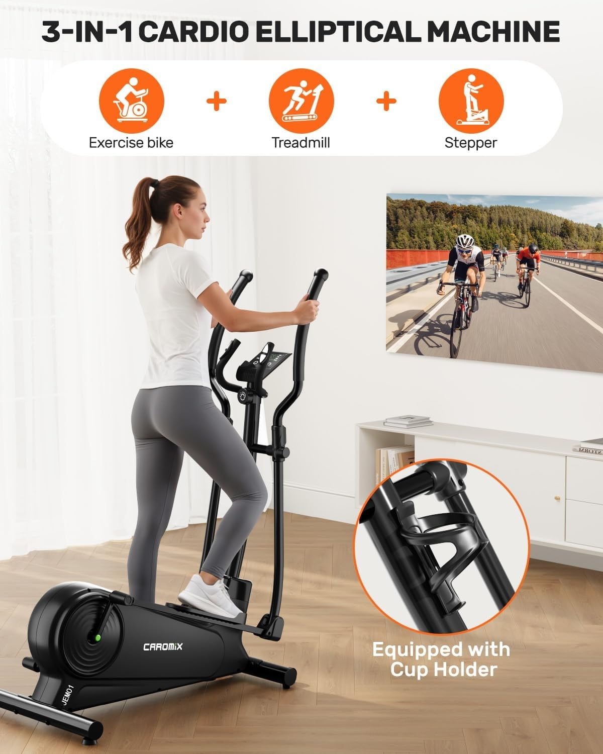 Caromix Elliptical Machine with Magnetic Resistance, Elliptical Exercise Machine for Home with LCD Monitor and Hyper-Quiet Magnetic Driving System, 300LBS Loading Capacity