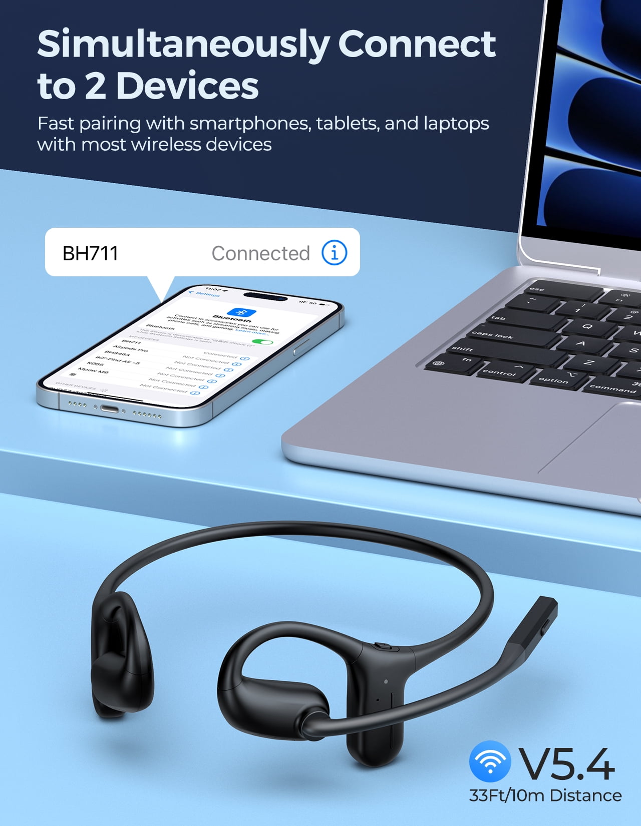 Open Ear Headphones with Mic, Wireless Headset with Noise Canceling Mic & Mute Button, Wireless Air Conduction Headphones V5.4, 25g Lightweight Sport Headset for Running, Work Workout Driving Call