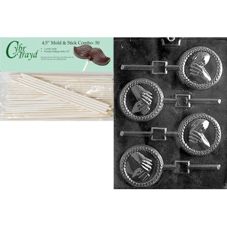 Ring Mold 6 Inch Cybrtrayd 45St50-W052 Hands with Rings Lolly Wedding Chocolate Candy Mold with 50-Pack 4.5-Inch Lollipop Sticks ()