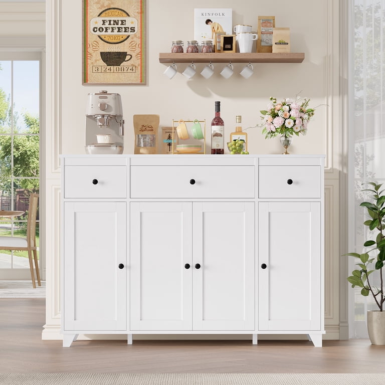 Sscaktu 47.2'' Large Sideboard Buffet Cabinet – 3 Fluted Doors, 2 Shelves, White, Freestanding Storage For Living Room Or Kitchen
