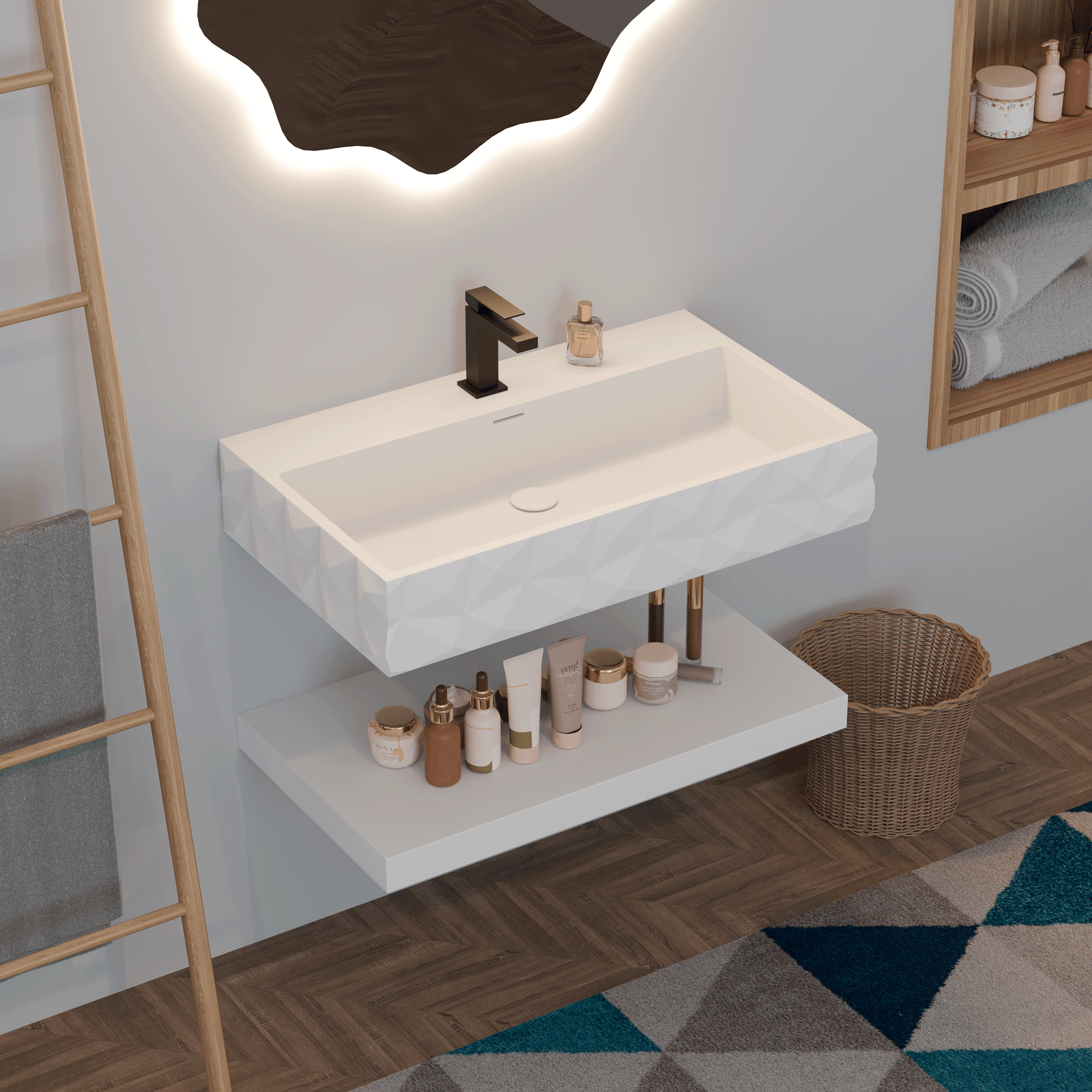 GESIPOR 32"x19" Wall-Mount Stone Resin Bathroom Vessel Sink Rectangular for Bathroom Floating Vanity with Sink Modern Art Basin with Shelf Layer