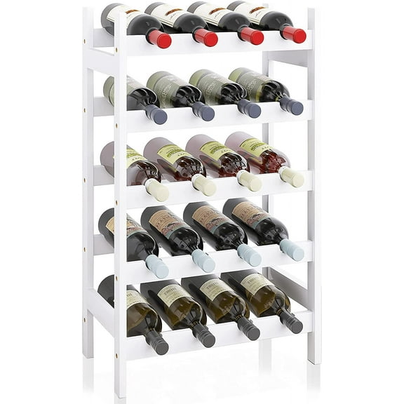 Bamboo Wine Rack, 20 Bottles Display Holder, 5-Tier Free Standing Storage Shelves for Kitchen, Pantry, Cellar, Bar (White)