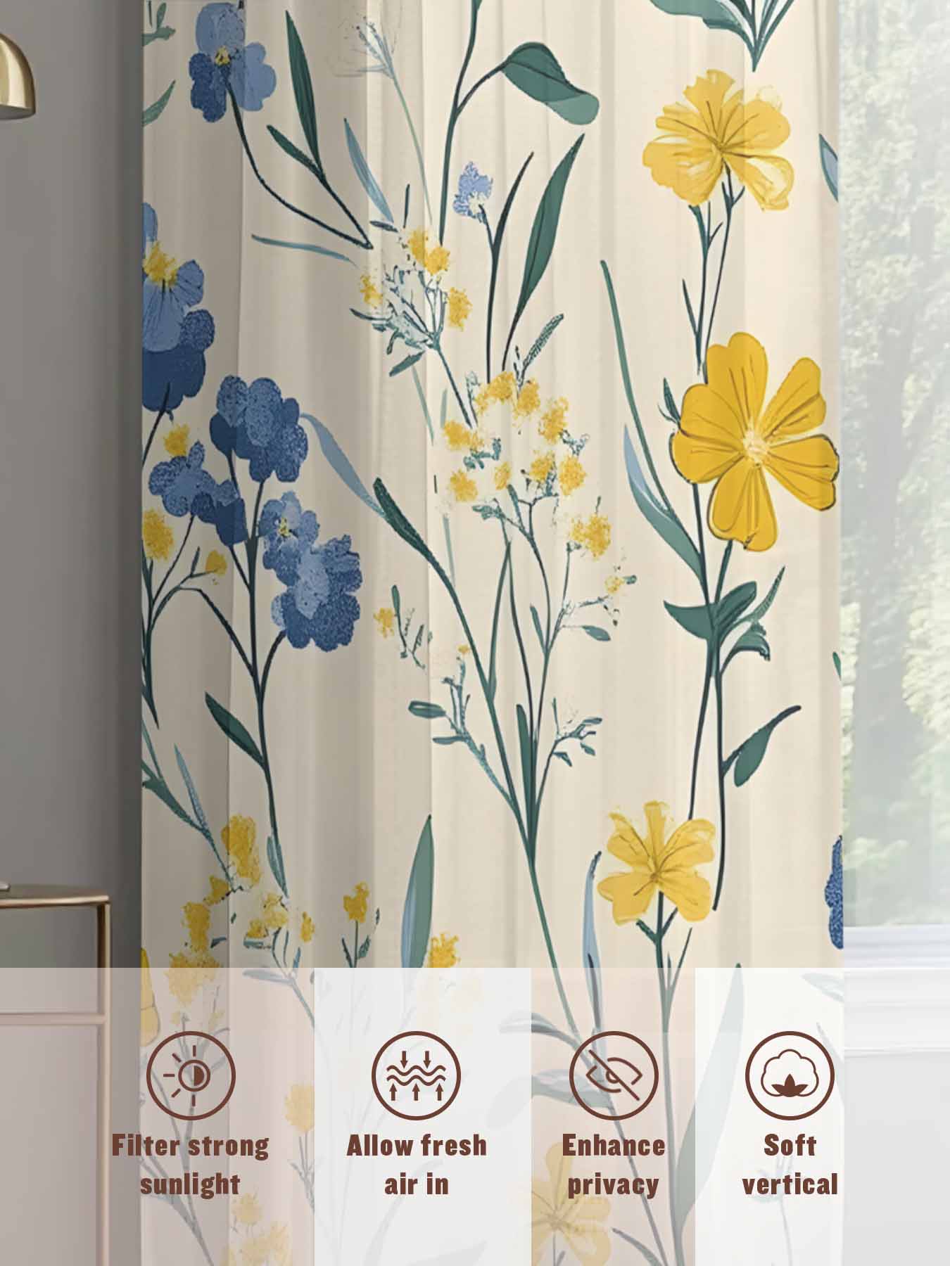 Spring Flower Sheer Curtains 2 Panels Set Watercolor Yellow Floral Vintage Green Leaf Linen Texture Sheer Window Curtains Light Filtering Rod Pocket Voile Drapes for Bedroom Living Room 52"X72"