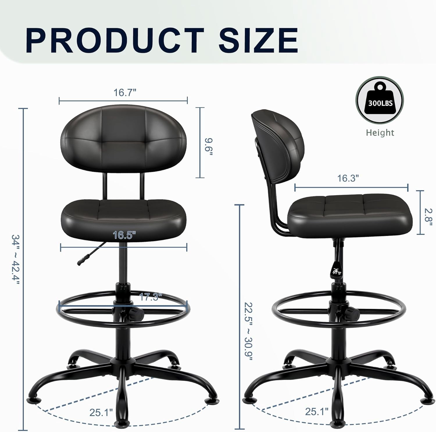 Armless Drafting Chair, Tall Office Chair no Wheels with Footrest Ring for Standing Desk, Small Faux Leather Executive Vanity Chair with Adjustable Height for Bar Counter Desk Black