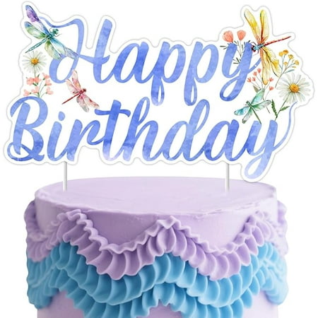 Dragonfly Birthday Cake Topper, Flying Insect Happy Birthday Cake Decoration Fairy Tale Garden Themed Bday Party Supply Photo Props for Girls Women