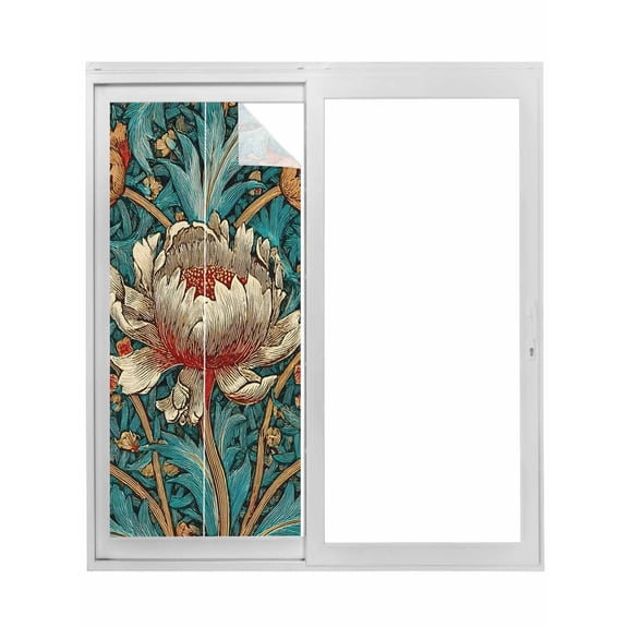 William Morris Plant Floral Window Privacy Film, Retro Lotus Flower Leaves Static Cling UV Sun Blocking Tint Film Heat Control Windows Films for Bedroom Bathroom, Window Stickers 17.7"x39.3"