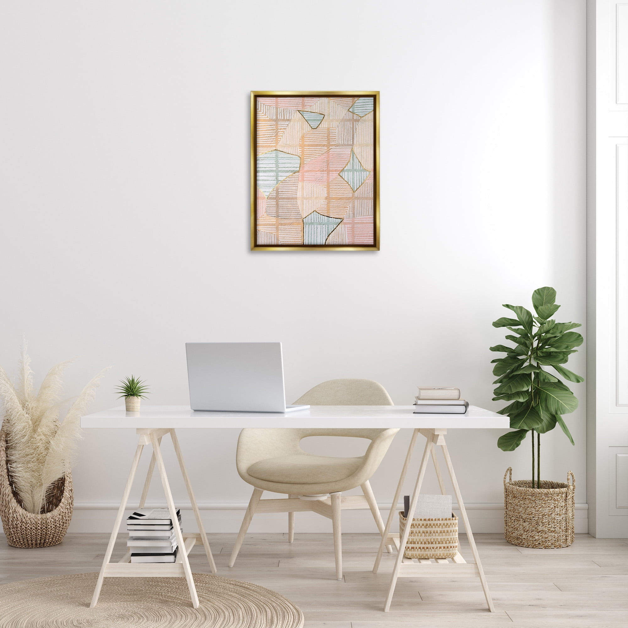 Stupell Industries Pastel Patterned Shapes Abstract Painting Gold Floater Framed Canvas Art Print Wall Art, 25 x 31
