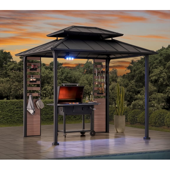 Sunjoy 7 x 9 ft. Grill Gazebo, 2-Tier Hardtop Gazebo Pergola with Ceiling Hooks and Storage Shelves, Matte Black