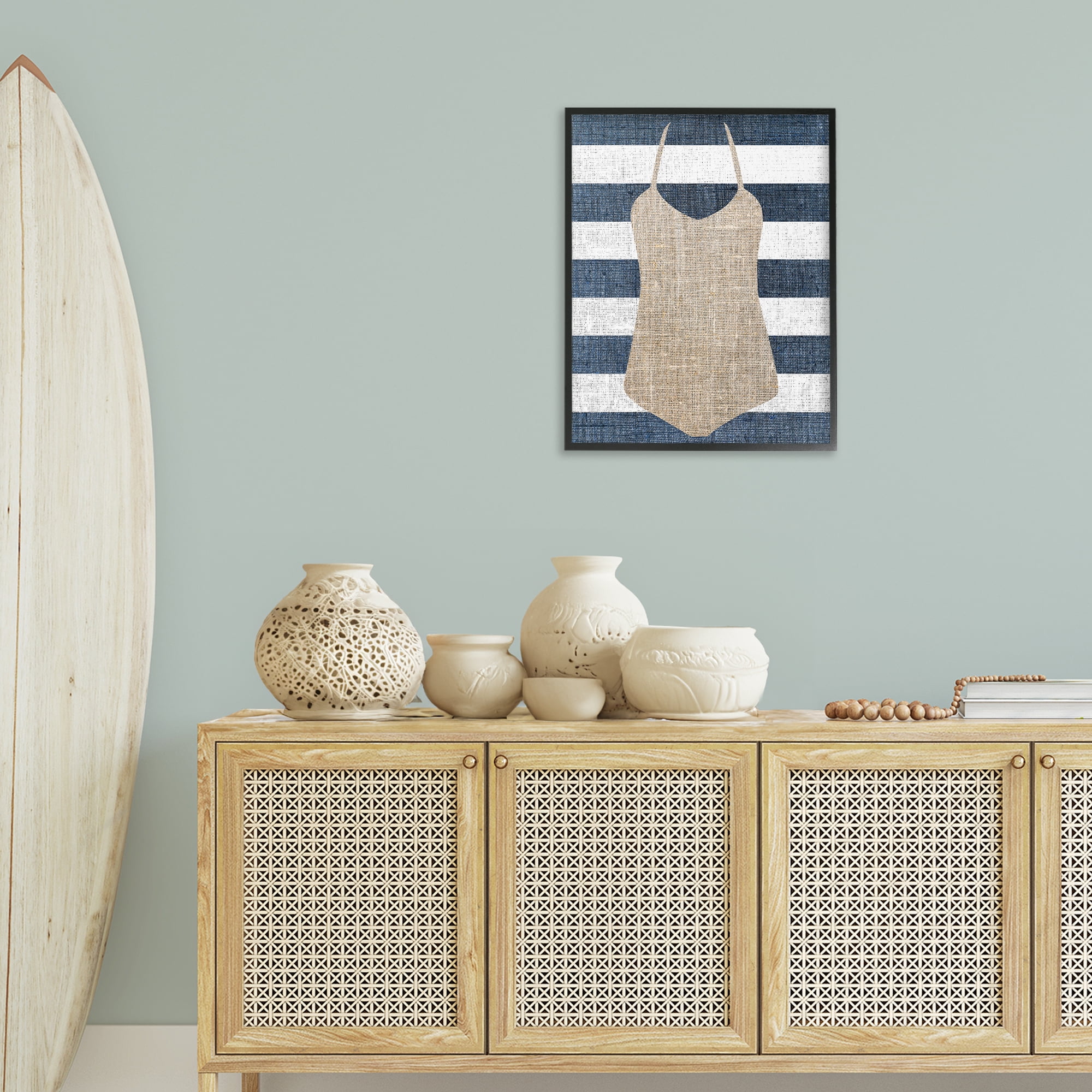 Stupell Industries Swimsuit on Stripes Beauty & Fashion Painting Black Framed Art Print Wall Art, 24 x 30