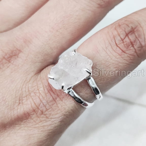 Natural Rose Quartz Ring, Rough Quartz Gemstone Ring, Birthstone, 2 Hammered Band, 925 Sterling Silver, Womens Ring, Christmas, Thanksgiving, Handmade, Statement Jewelry, Rough Gemstone Jewelry