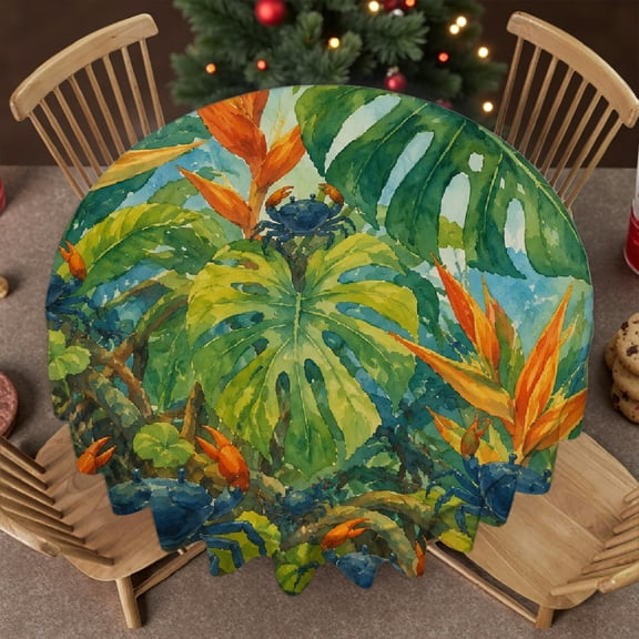 RKSupls 60 Inch Stain Resistant & Washable Decor - Tropical Jungle Crabs Print, Polyester Tablecloths Festive Round Table Setting Polyester Round Table Cover, Wedding, Party, Holiday, Home Dining