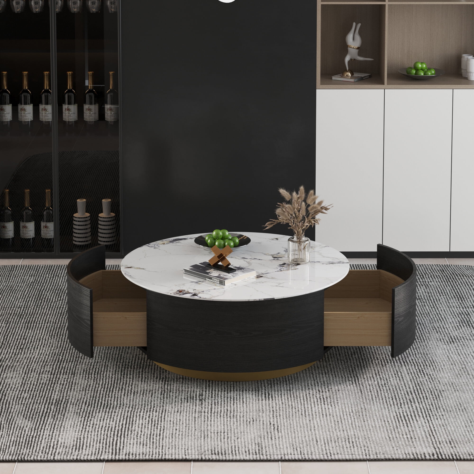 Magic Home Modern Round Coffee Table with Two Drawers,Circle Coffee Table Space-Saving Multiple Purpose for Living Room,dining room and home office,Black White 2 Colors