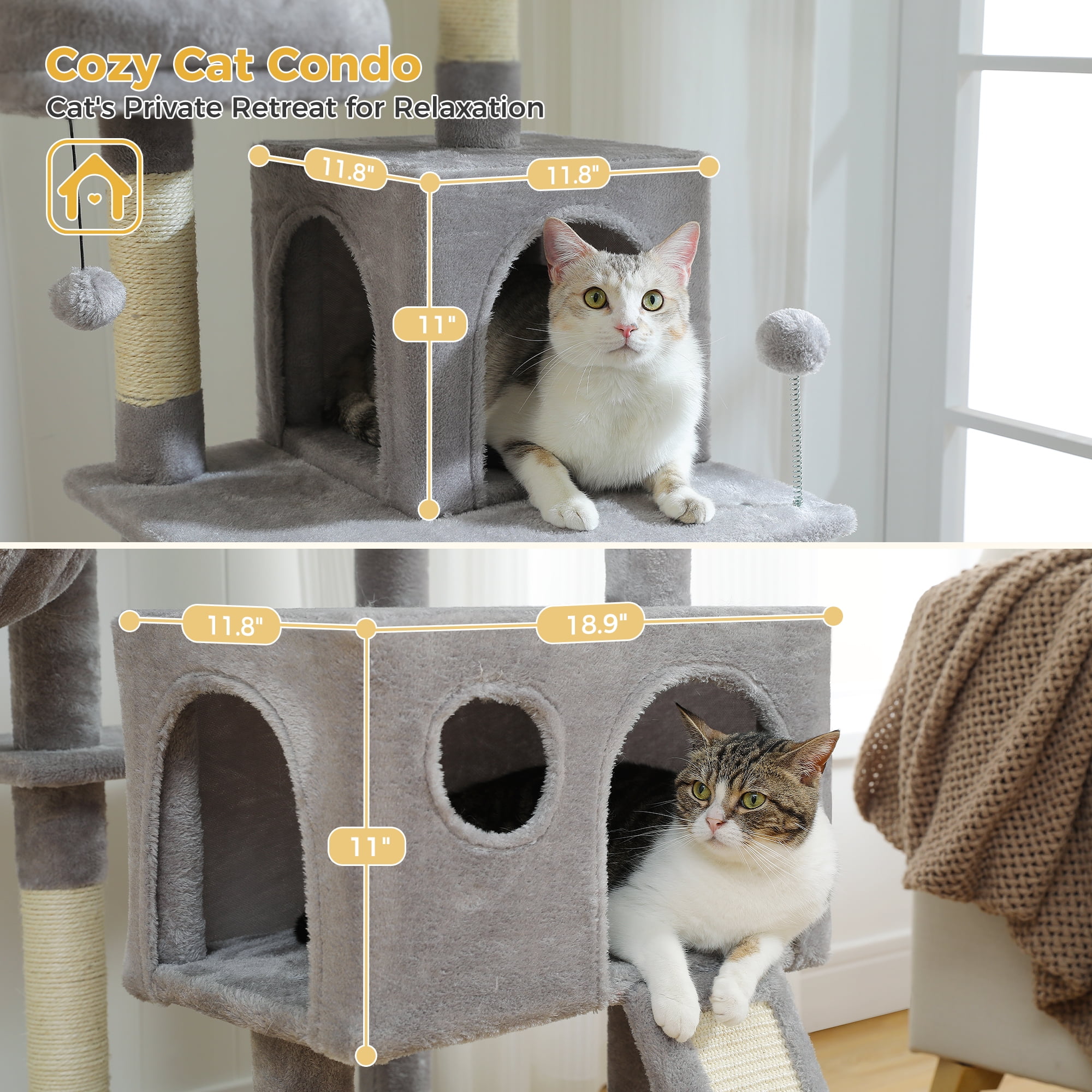 PAWZ Road 64" Cat Tree Large Cat Tower Multi-Level Cat Scratching Post Tower, Gray