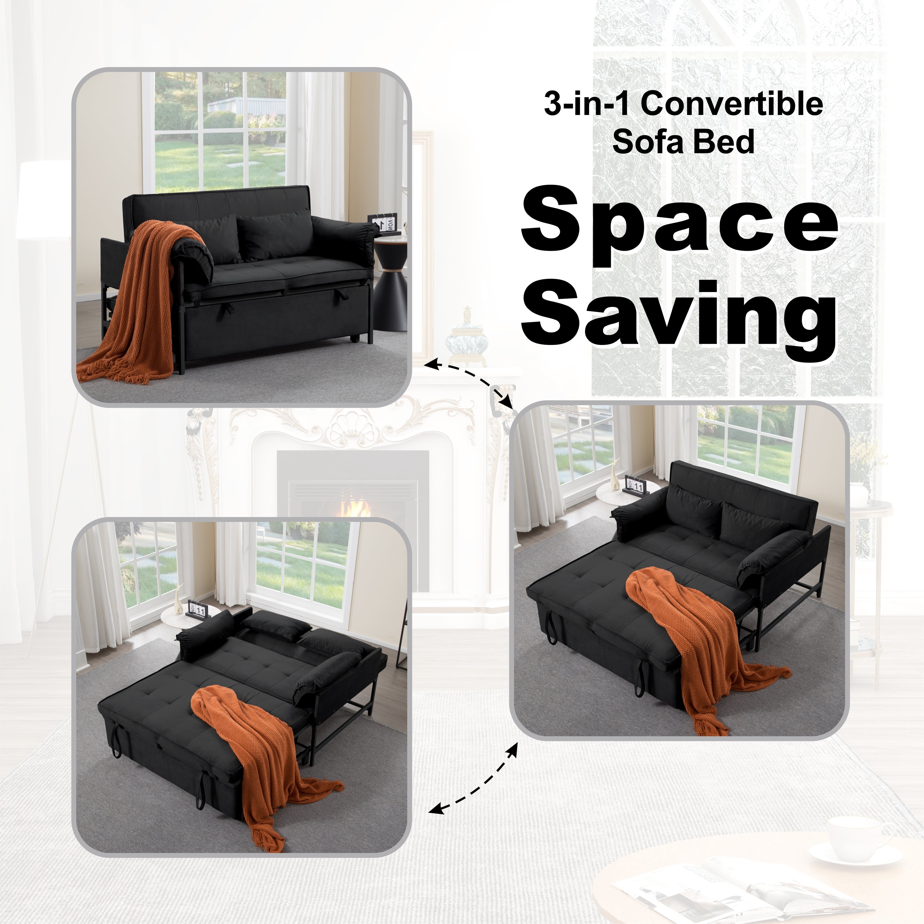 Gewnee 46"Convertible Sleeper Sofa – Pull-out Bed with 5 Reclining Positions,Movable Arm Cushion,Ideal for Apartment,Office,Guest Room.Black
