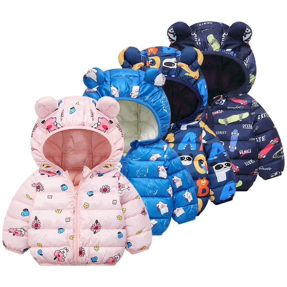 Esaierr Toddler Fall Winter Ears Hooded Puffer Cotton Coats for Kids Baby Boys Girls Zipper Cartoon Cotton Jacket Short Outerwear Warm Tops 1-6 Years