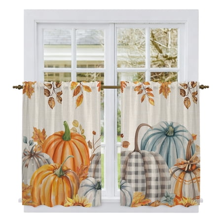 Vintage Pumpkin Fall Kitchen Curtains, Thanksgiving Weeping Maple Leaves Light Filtering Window Curtain Panels, 2Pcs Rod Pocket Window Treatments Set for RV Dining Room Study Room 42x45 Inches
