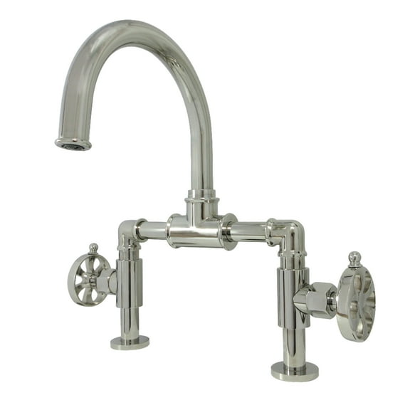 Kingston Brass KS2176RX Belknap Industrial Style Wheel Handle Bridge Bathroom Faucet with Pop-Up Drain, Polished Nickel