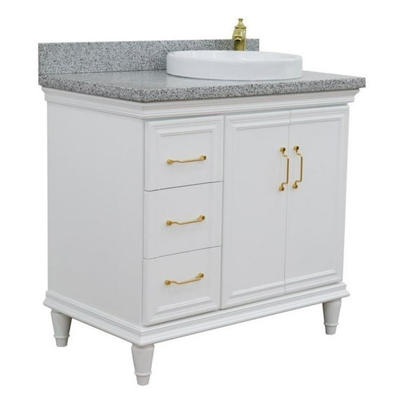37 in. Single Wooden Vanity  White Gray Granite Round Right Door.Right Sink