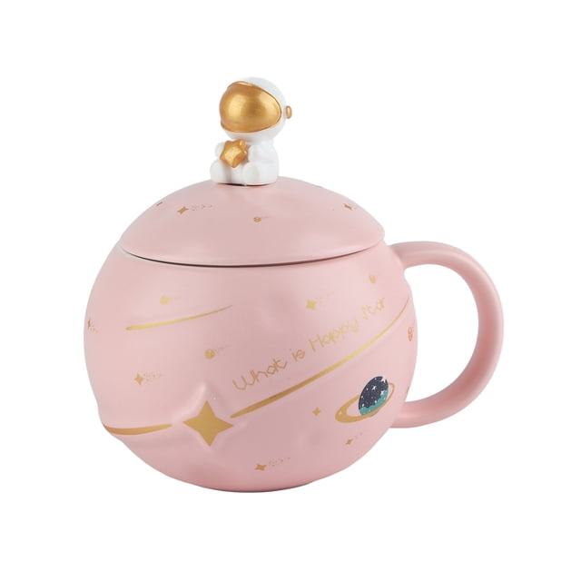 Taza de cerámica con diseño de astronauta, 400 ml, con asa ergonómica y tapa, ideal para café, té y leche, color rosa.