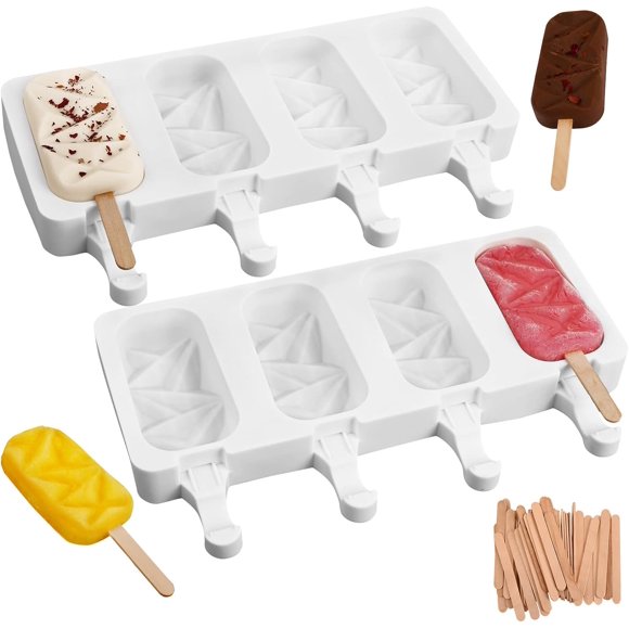 Sakolla 2 Pack Silicone Popsicle Molds, 4 Cavities Diamond Ice Cream Molds with 50 Wooden Sticks for Ice pop, Cake Pop, Cakesicles (White)